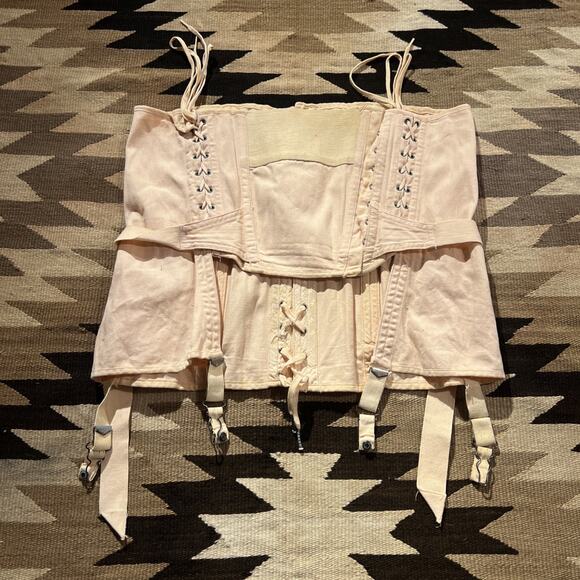 Vintage 1920's Camp Fan Lace Corset Peach Pink Antique Girdle Canvas Rare - Picture 12 of 16